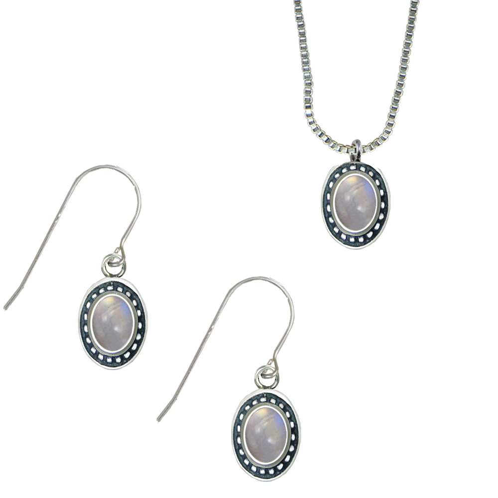 Sterling Silver Petite Necklace Earrings Set Rainbow Moonstone